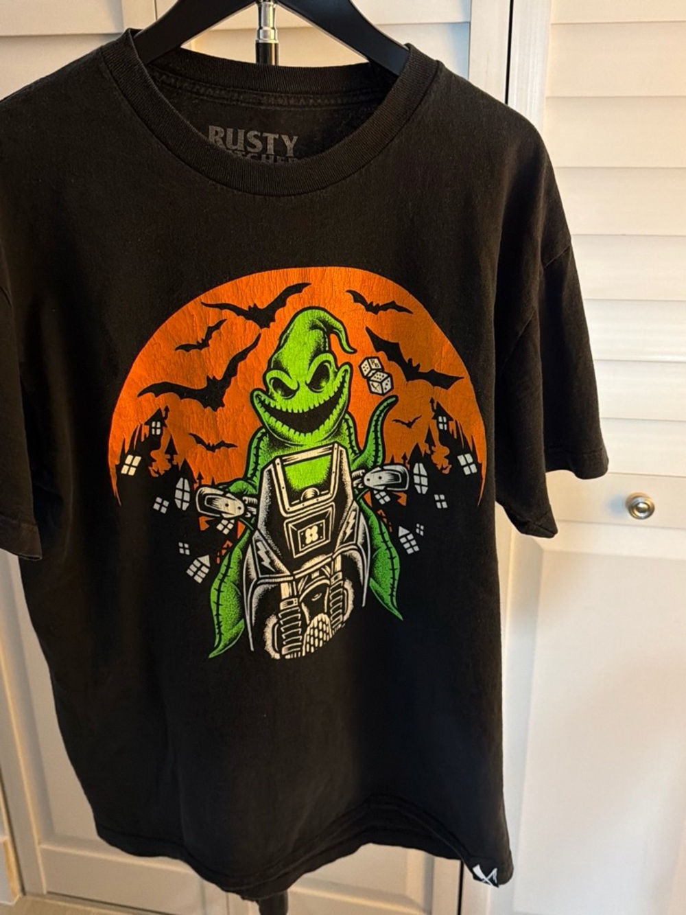Rusty Black Tee with Green Monster and Orange Moon Graphic